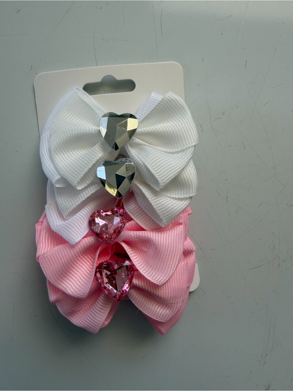 Girls Jewel Heart Bow Clips — White & Pink Set